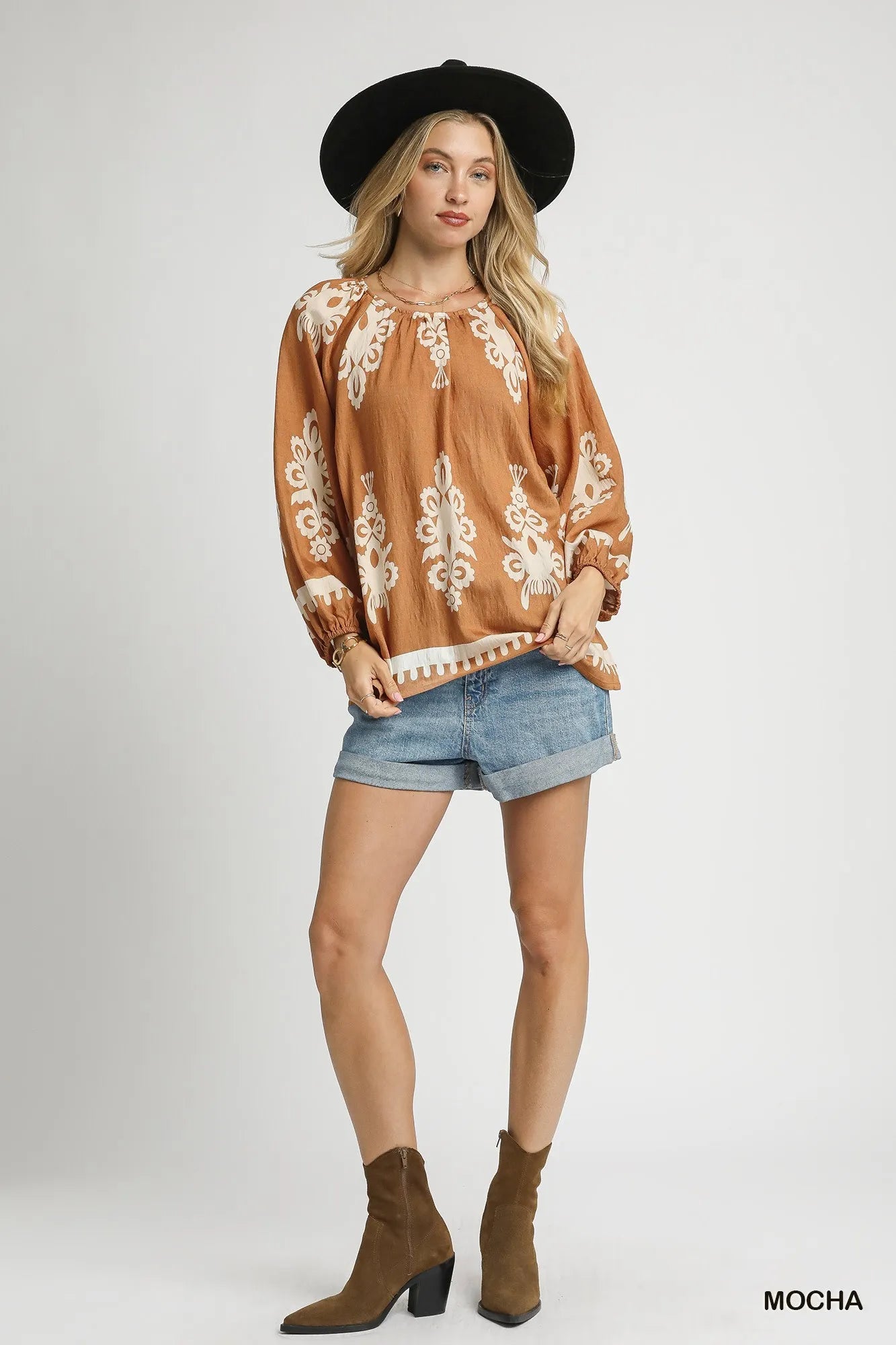Umgee Full Size Two Tone Border Print Top with Balloon Sleeves Plus Size - Fashorio