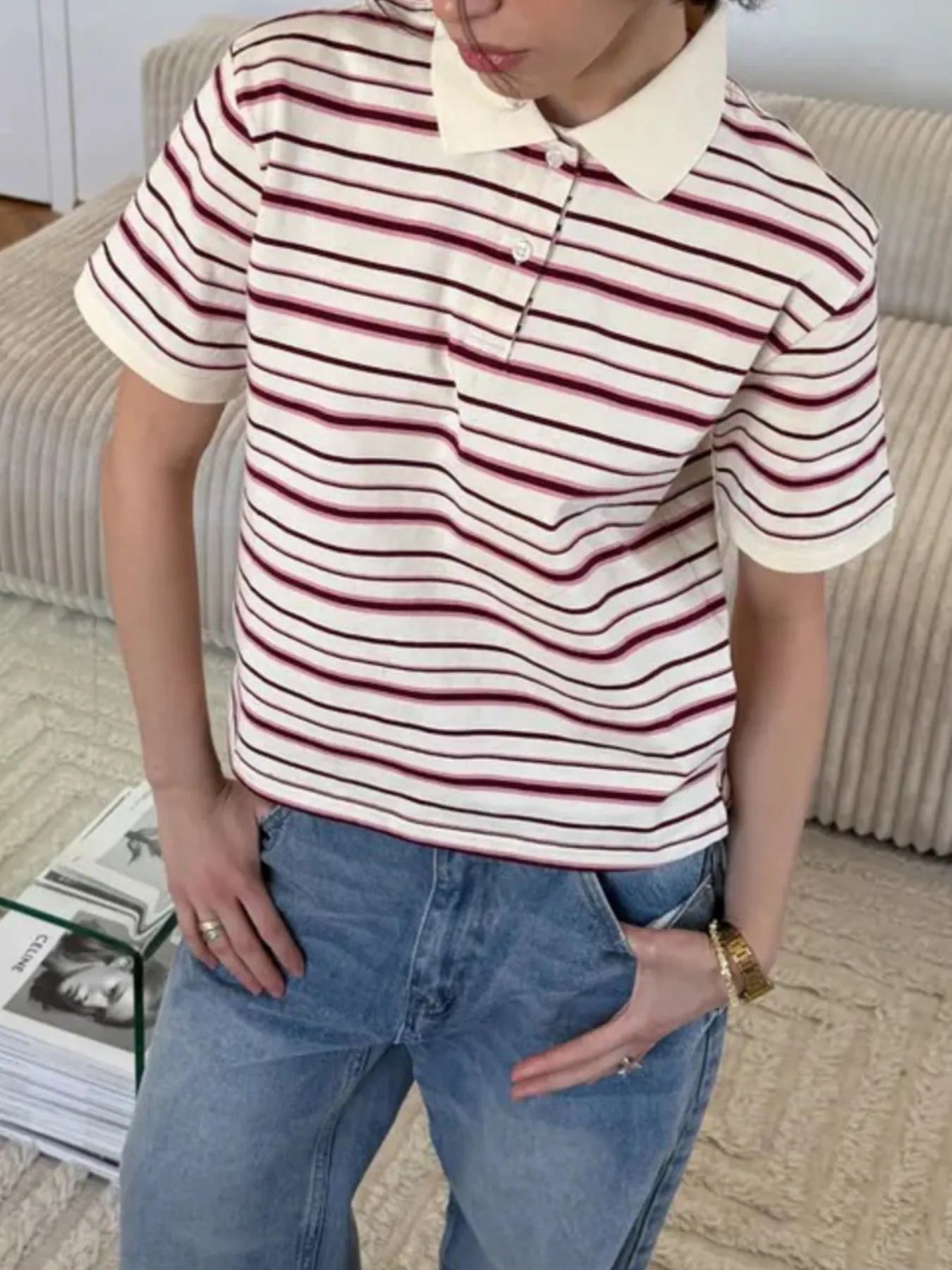 Striped Polo T-Shirt with Contrast Collar - Fashorio