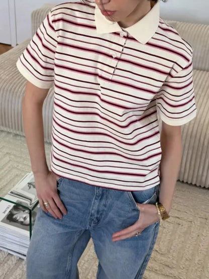 Striped Polo T-Shirt with Contrast Collar - Fashorio