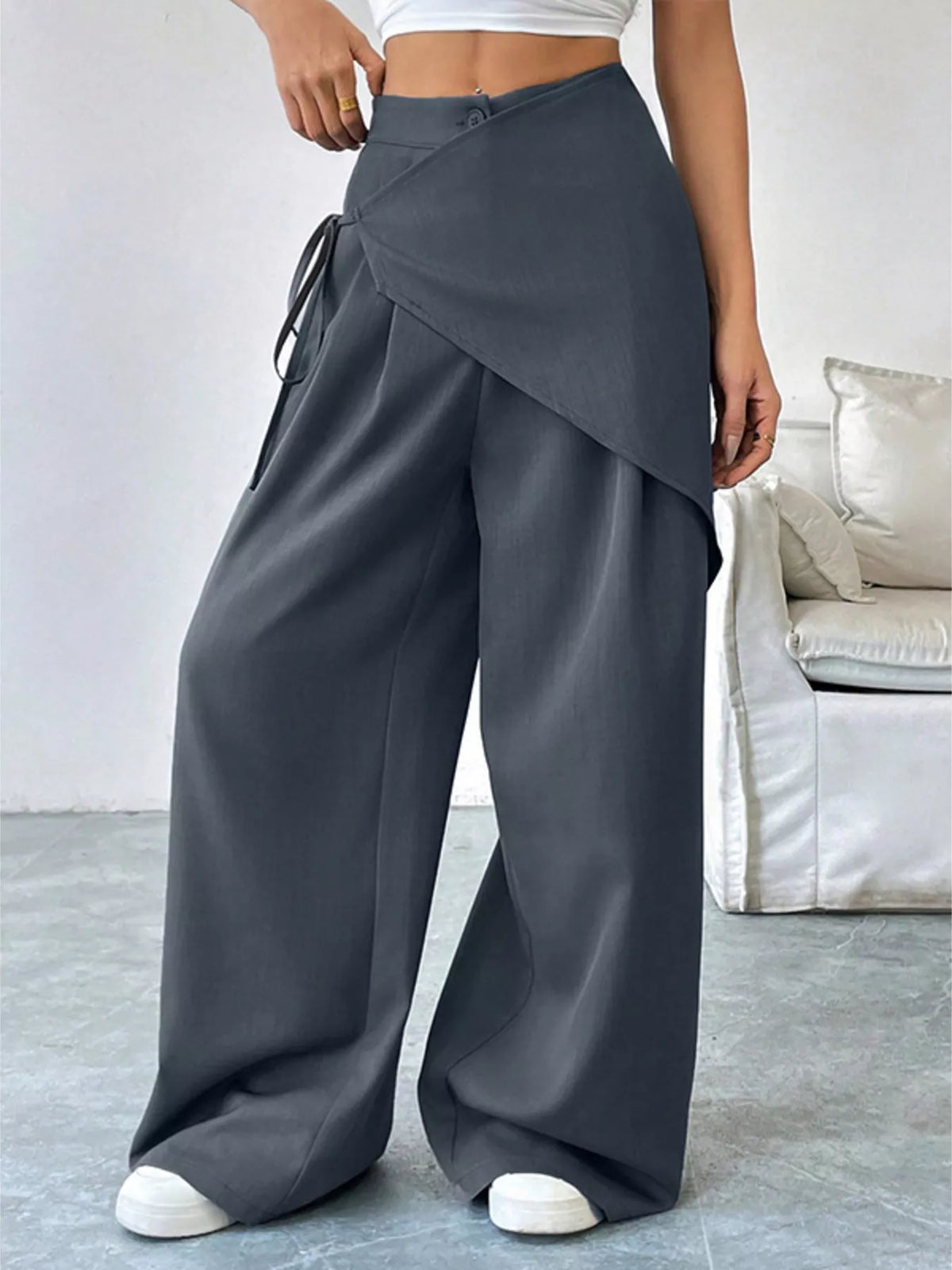 Gray asymmetrical wrap wide leg pants, full front view