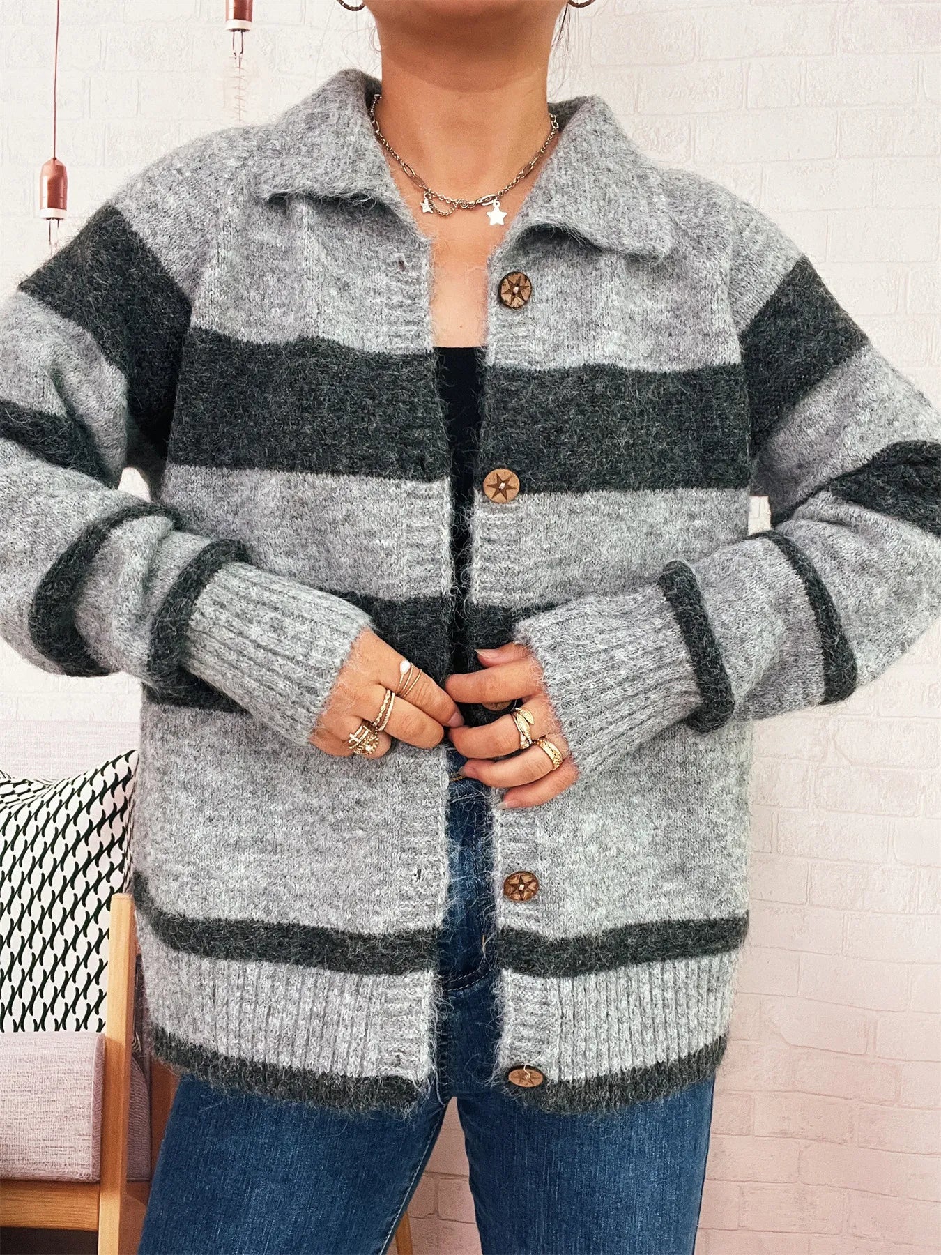 Striped Button-Up Cozy Cardigan Gray One Size - Fashorio