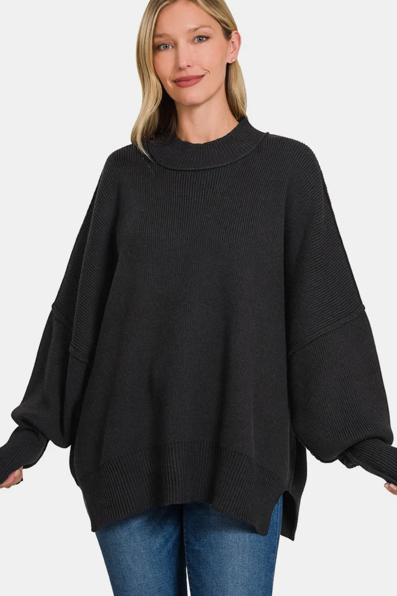 Oversized Side Slit Sweater in Black