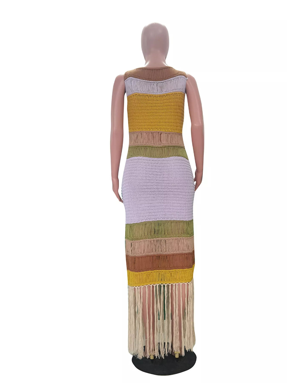 Crochet dress back view with color block panels