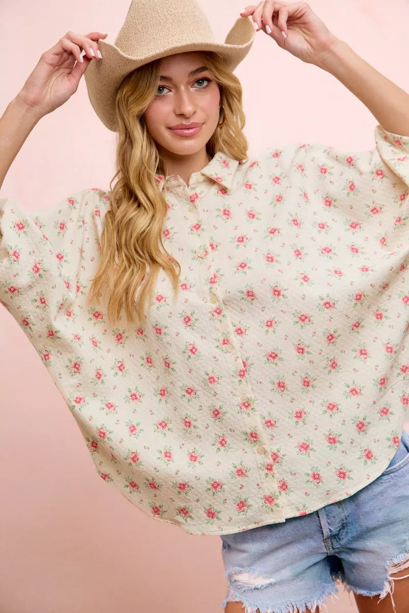 BiBi red floral dolman sleeve blouse, side view