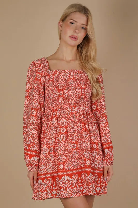Printed Smocked Chest Boho Mini Dress back view