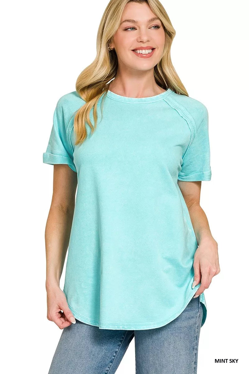 Mint sky Zenana french terry curved hem top back view