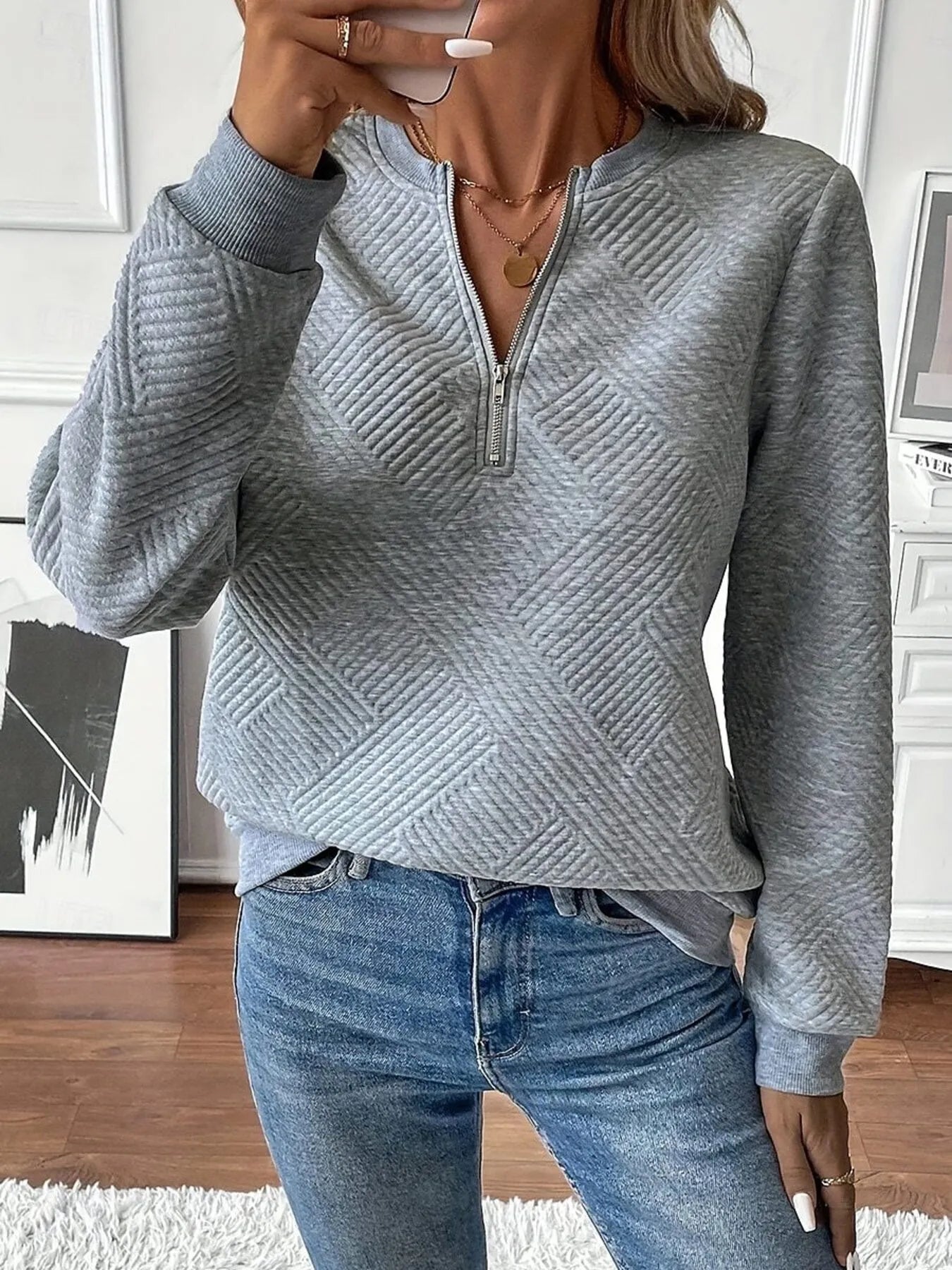 Quarter Zip Textured Long Sleeve Sweatshirt - Fashorio