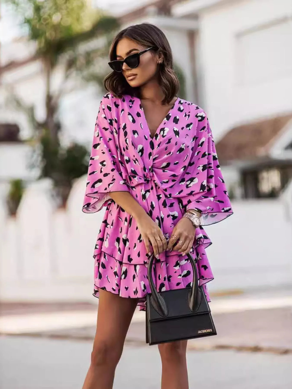 Printed surplice tiered mini dress side view