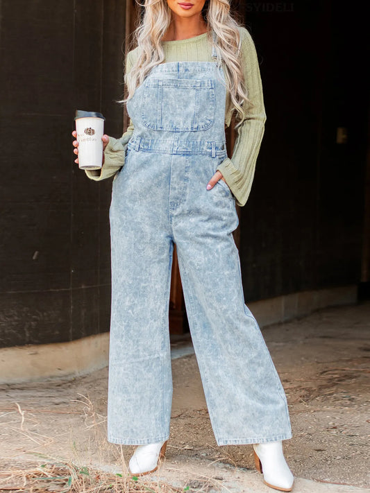 Vintage Washed Wide Leg Denim Overalls with Front Pockets Blue - Fashorio