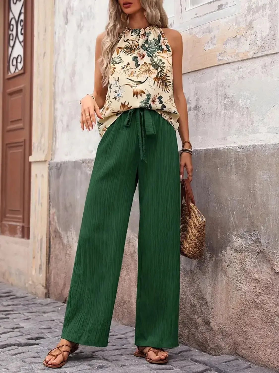 Printed Tank Top and Wide Leg Pants Set - Fashorio