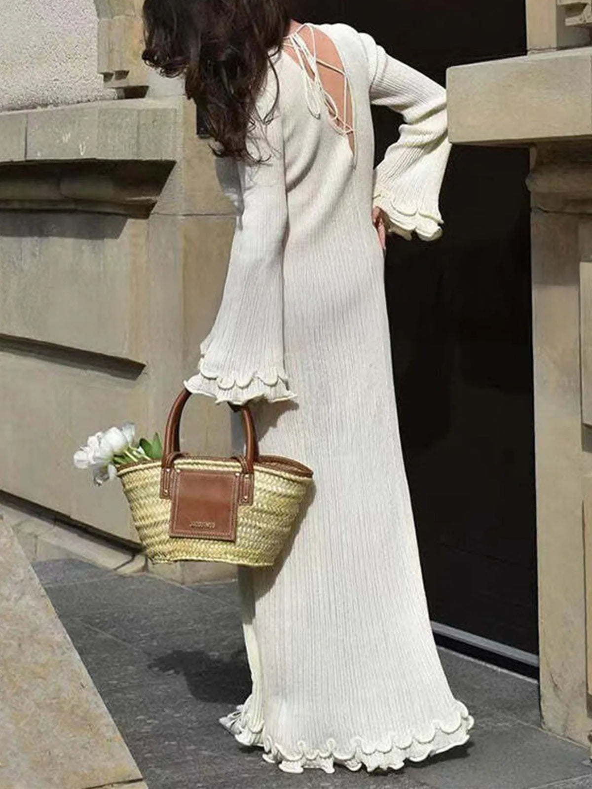 Ribbed long sleeve ruffle hem dress in white detail view