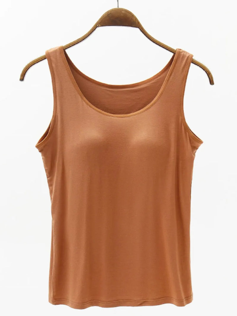 Wide strap modal tank top with built in bra in caramel front view