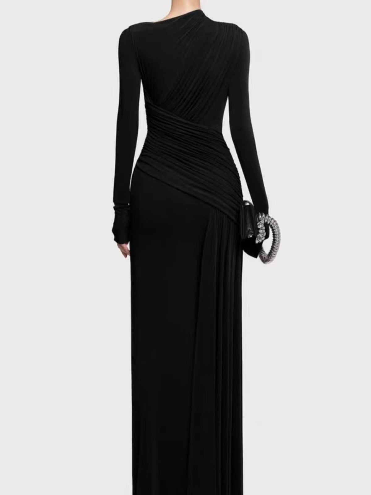 Ruched long sleeve maxi dress, full length styling