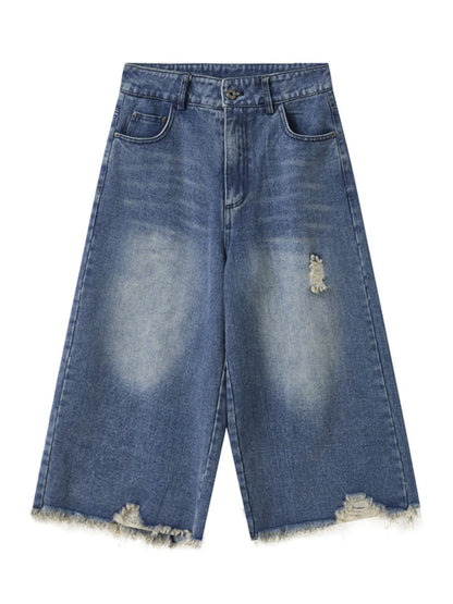 Men's Distressed Wide Leg Denim Shorts Blue - Fashorio