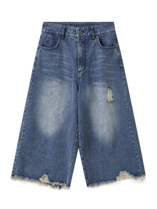 Men's Distressed Wide Leg Denim Shorts Blue - Fashorio