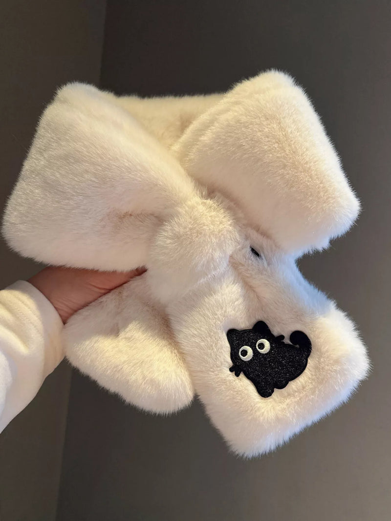 Cat embroidered plush scarf wrapped around the neck