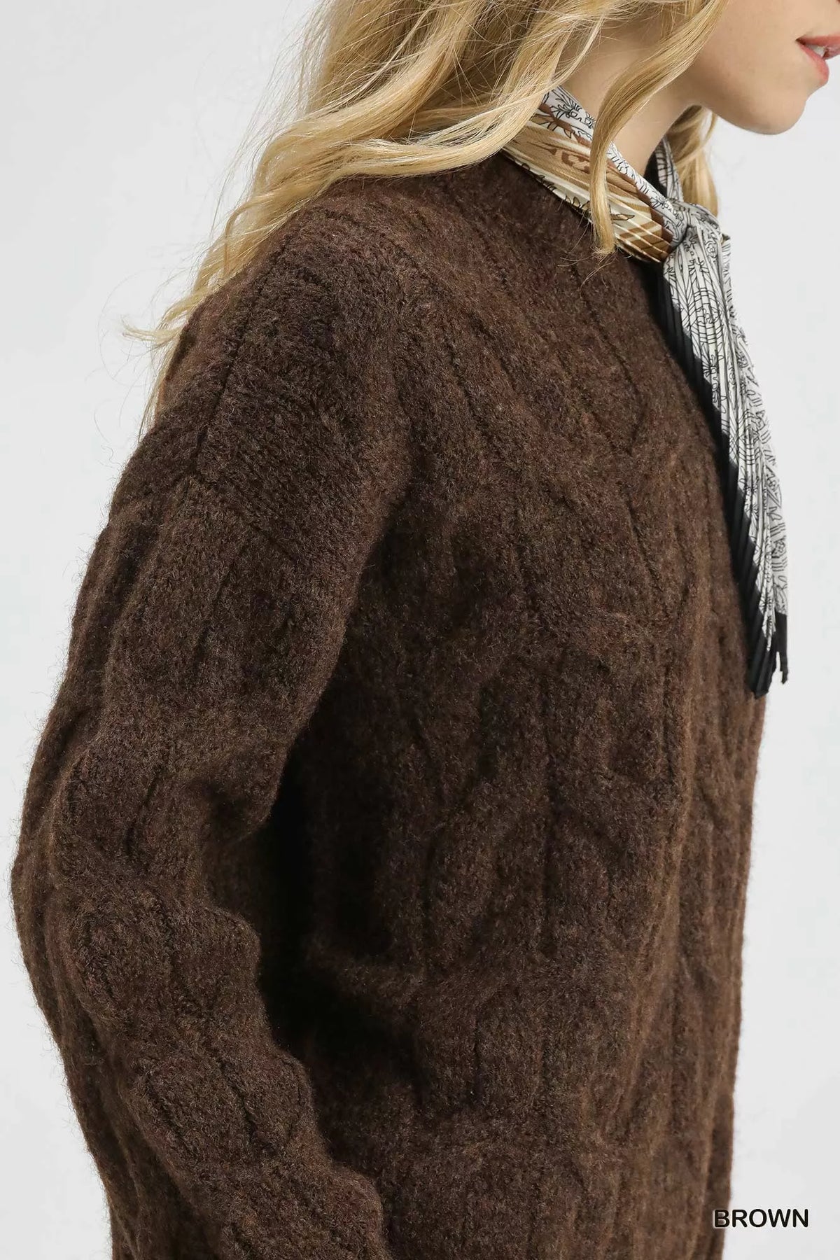 Cable Knit Cozy Sweater in Brown on model