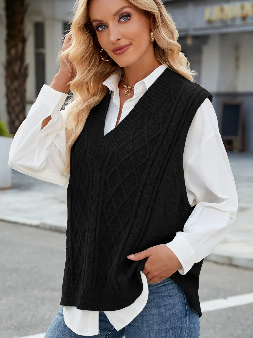 Cable Knit V Neck Sweater Vest in Gray view 10