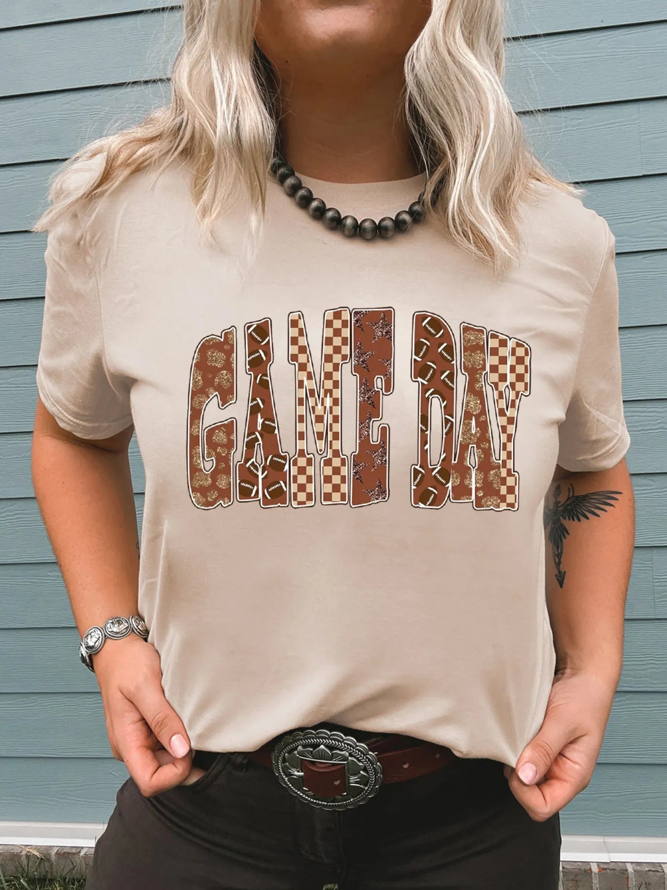 Full Size GAME DAY Checkered Letter Graphic T Shirt Plus Size - Fashorio