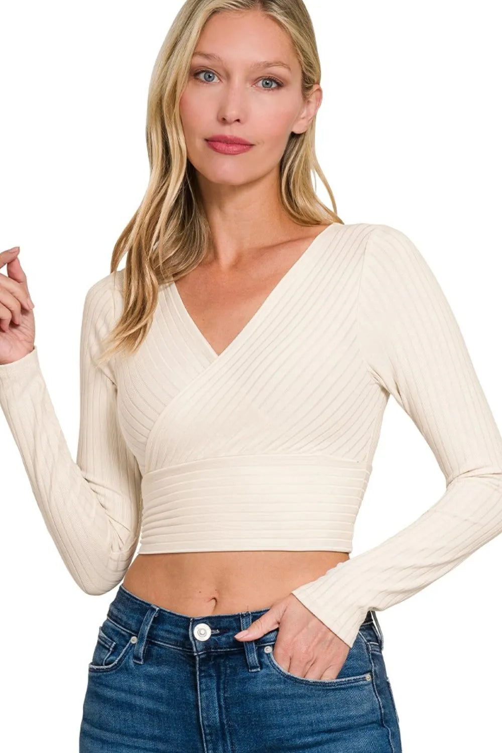 Zenana Ribbed Surplus Waist Band Long Sleeve Top SAND BEIGE - Fashorio