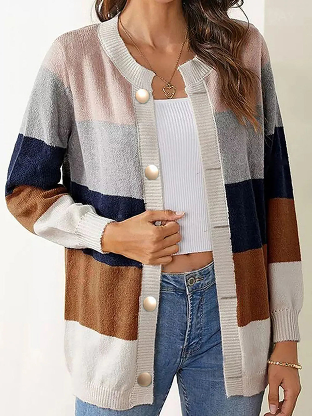 Color block button up knit cardigan, neckline close up