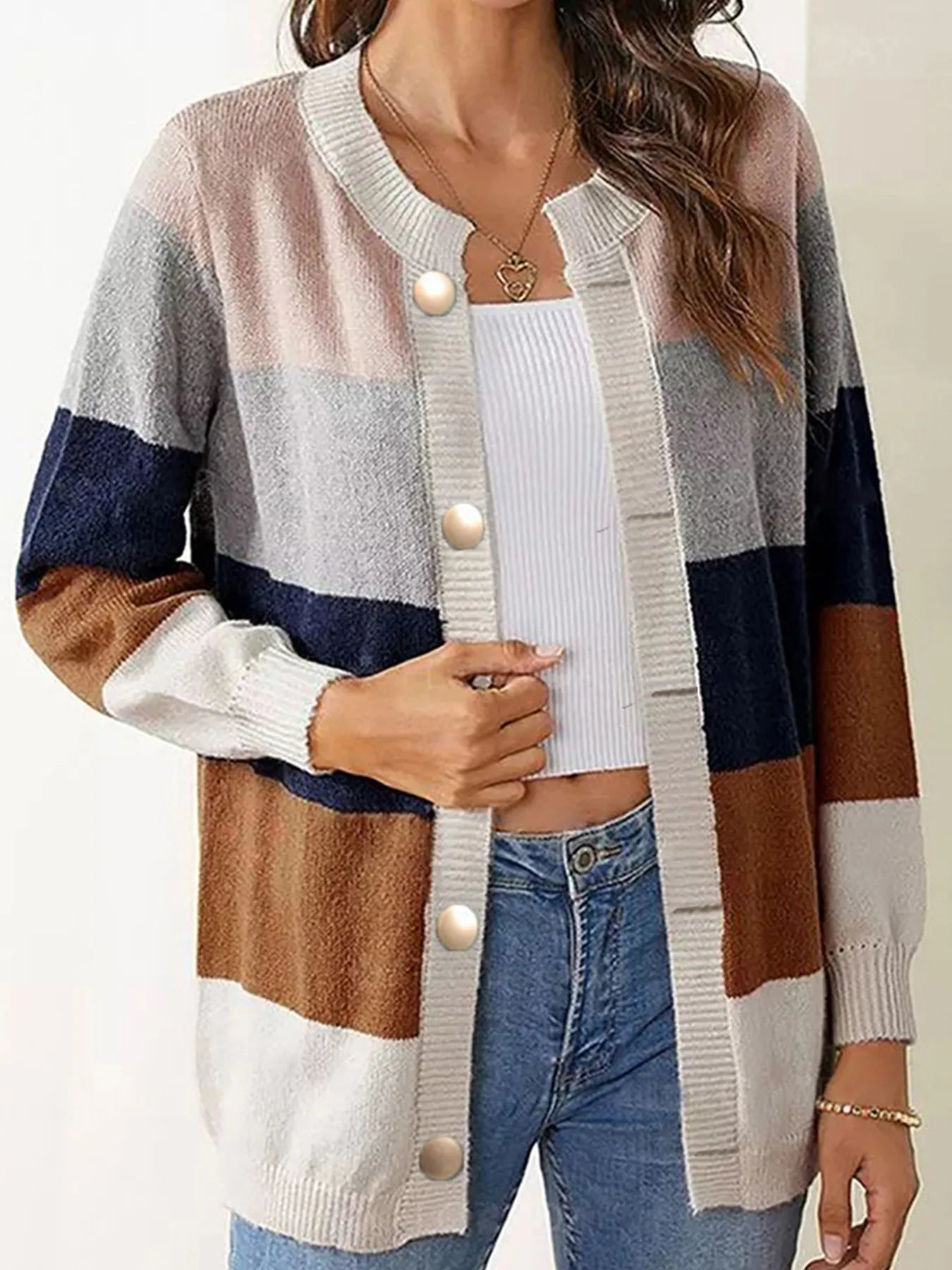 Color Block Button-Up Knit Cardigan Khaki - Fashorio