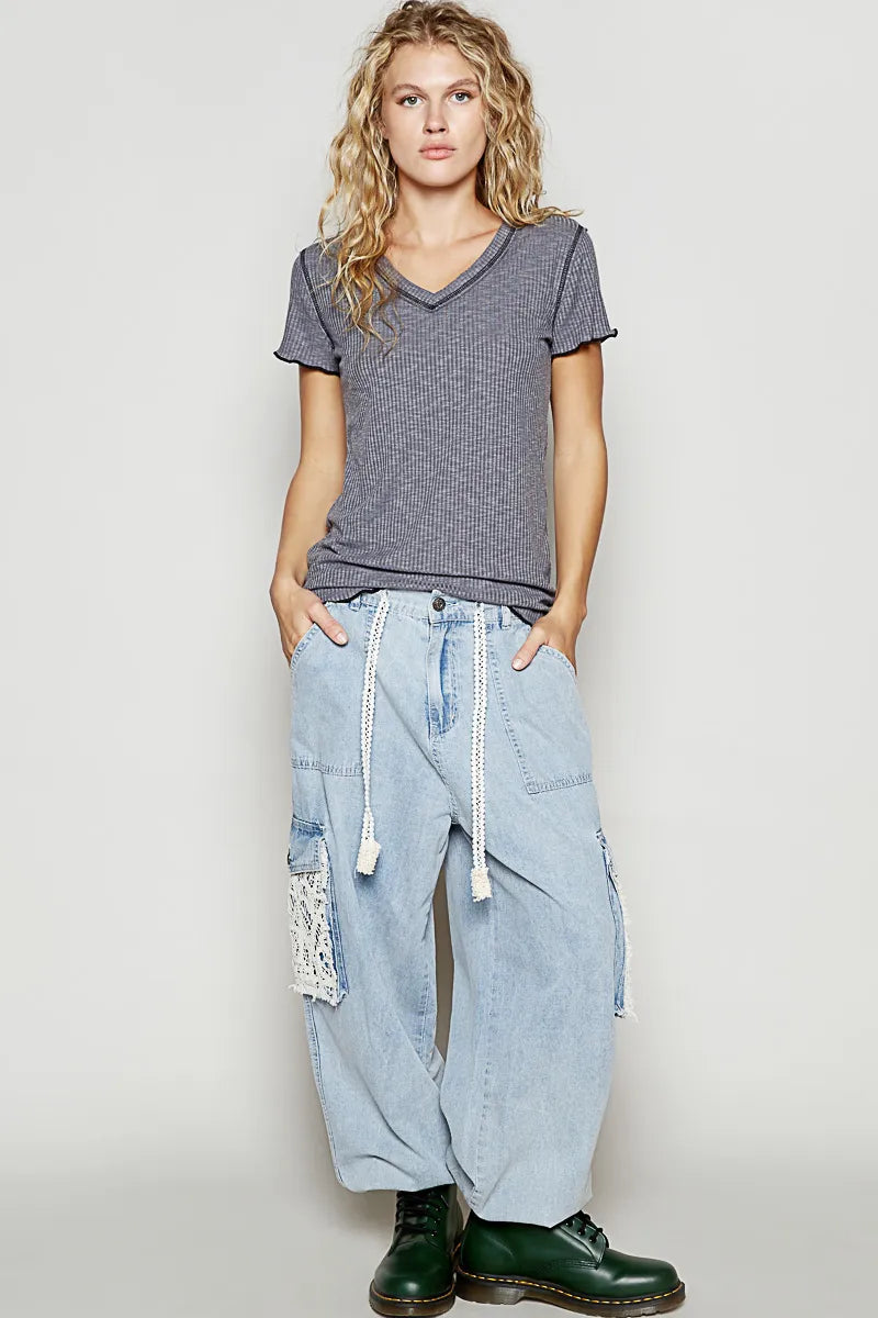 POL V-Neck Short Sleeve Ribbed T-Shirt with Contrast Overlock Stitching - Fashorio