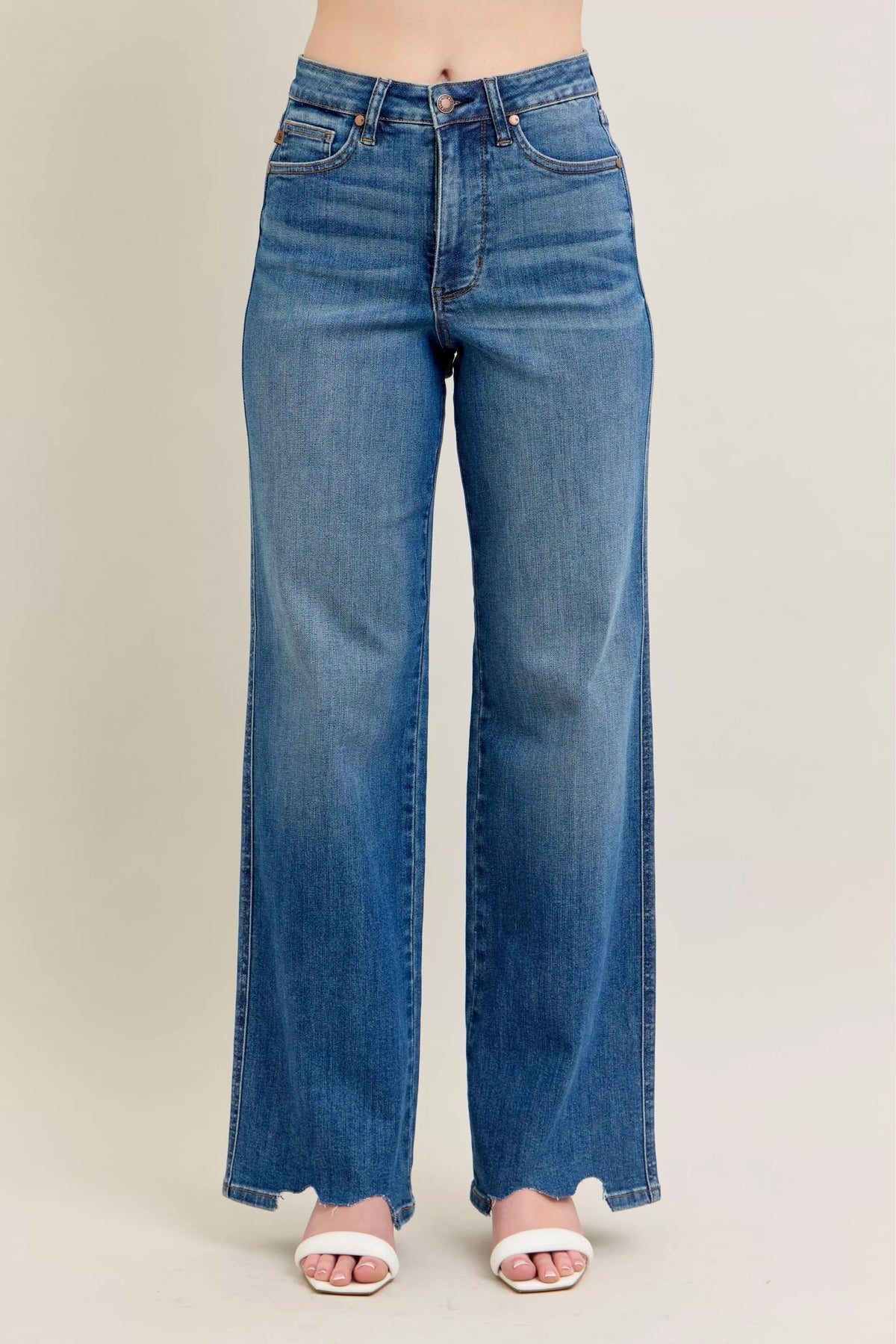 Judy Blue high rise distressed wide leg jeans front view