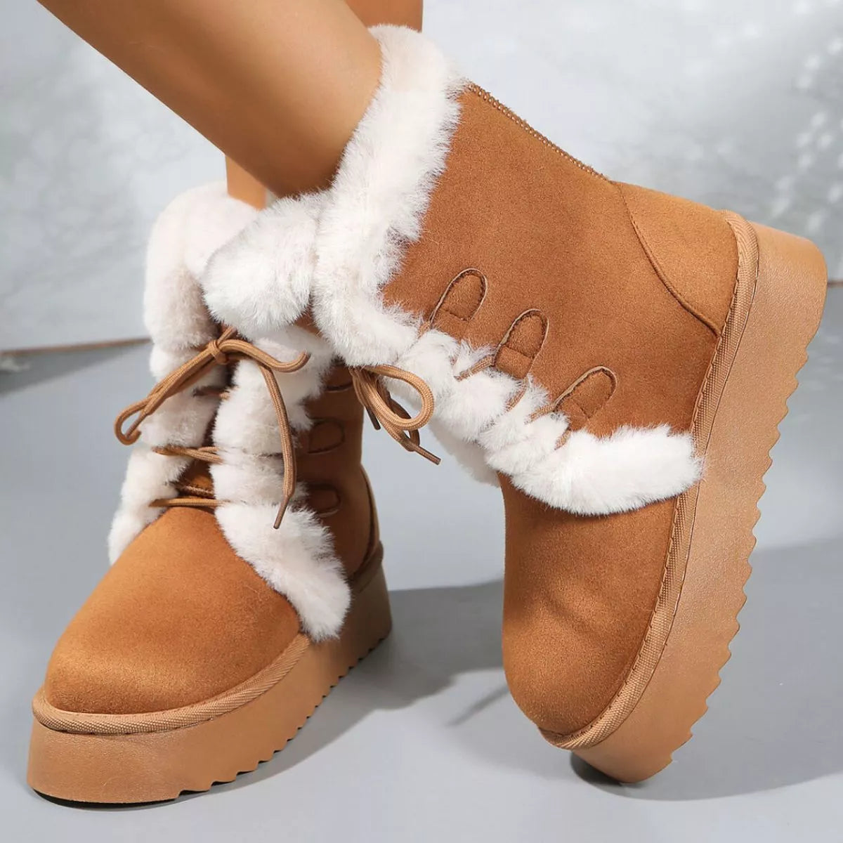 Fuzzy Trim Lace Up Platform Boots sole and heel detail