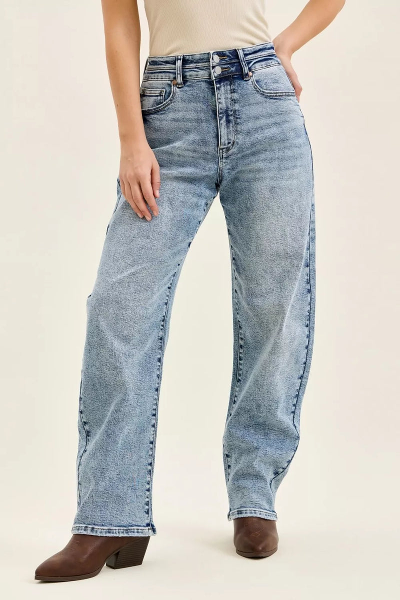 Judy Blue high rise Marlow barrel leg jeans front view