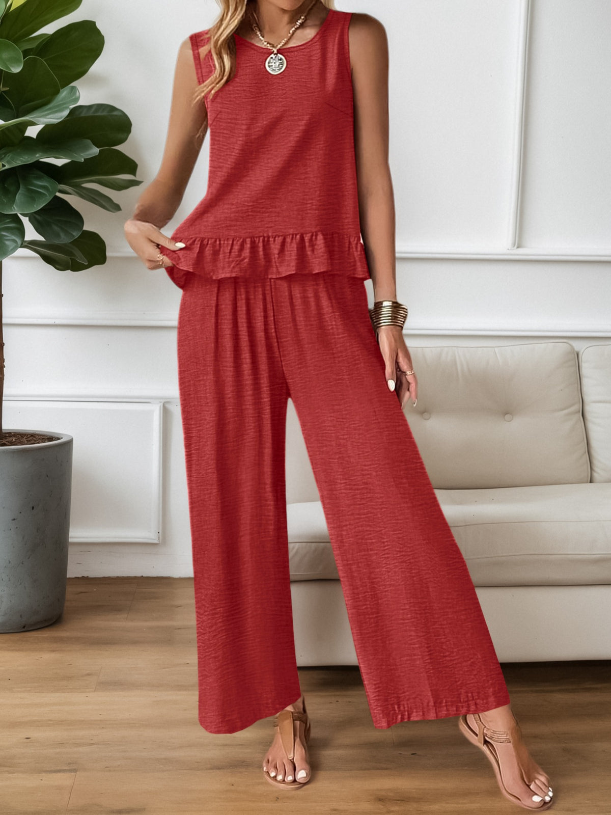 Terracotta ruffle two piece set side view