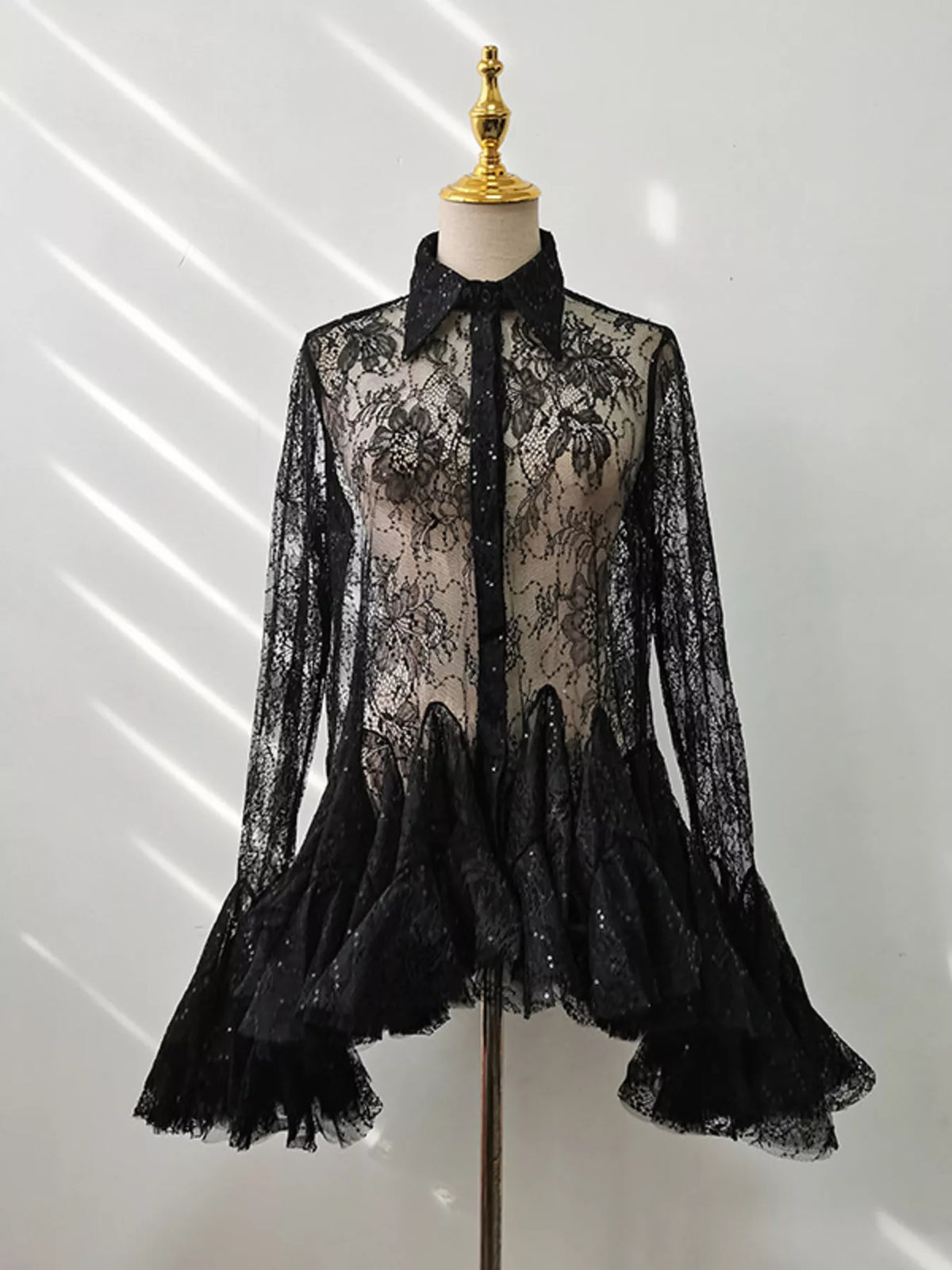 ruffled hem lace long sleeve dress front view