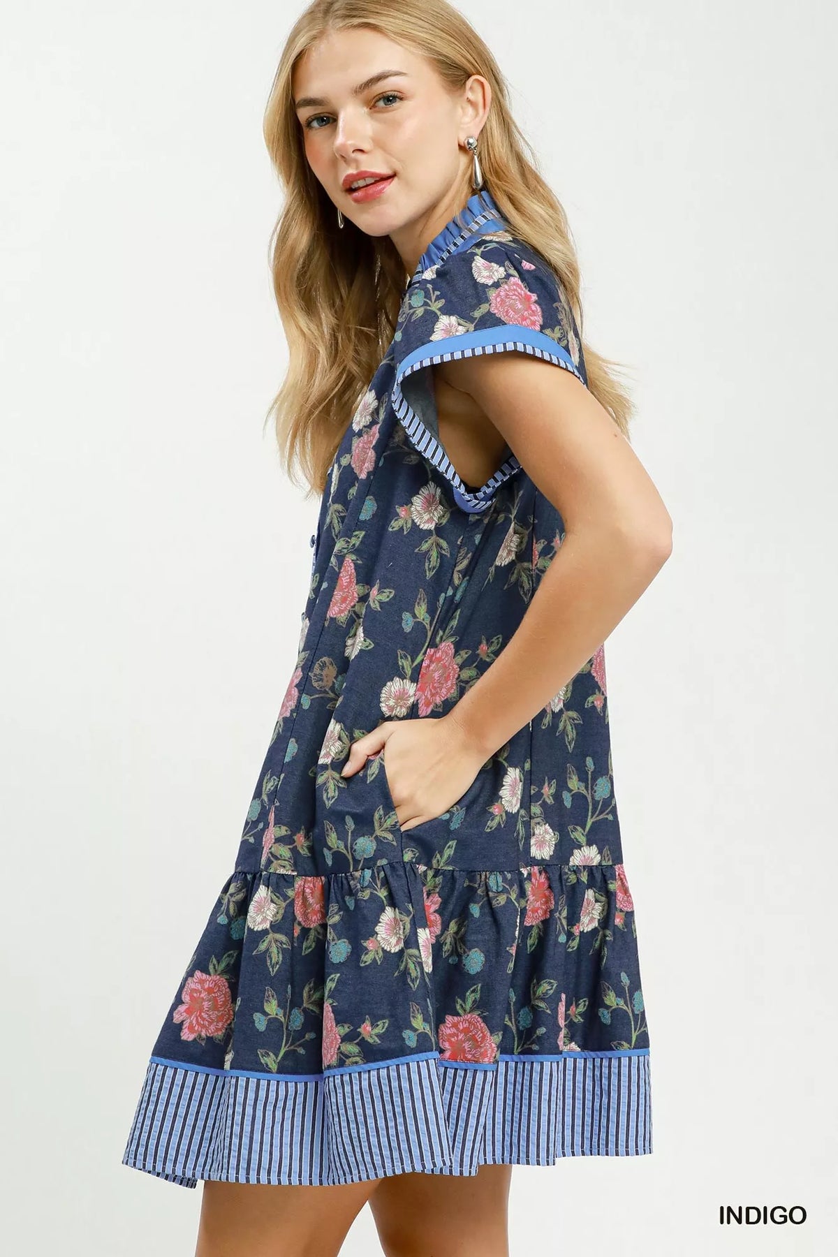Indigo floral mini dress split V neckline detail