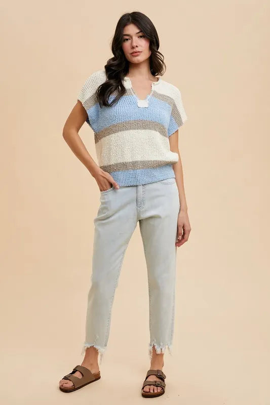 Color Block Textured Sweater Top in Ivory and Denim Blue styled look