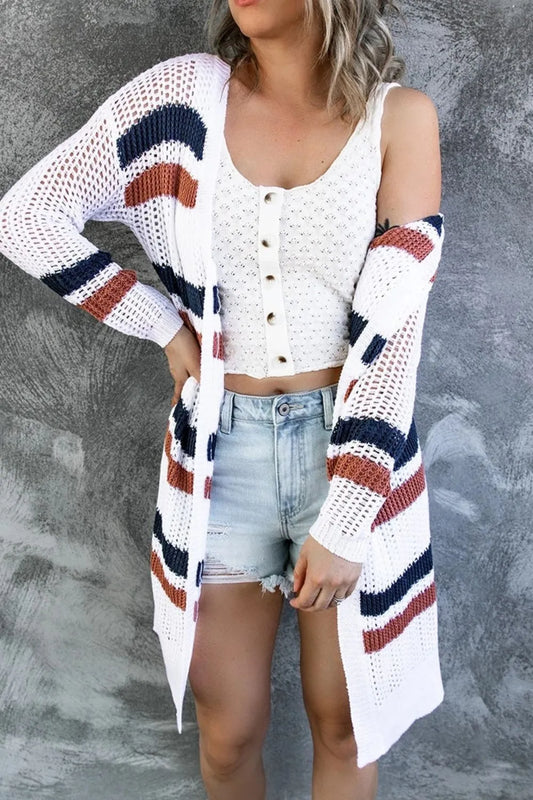Contrast Openwork Open Front Long Sleeve Cardigan White - Fashorio