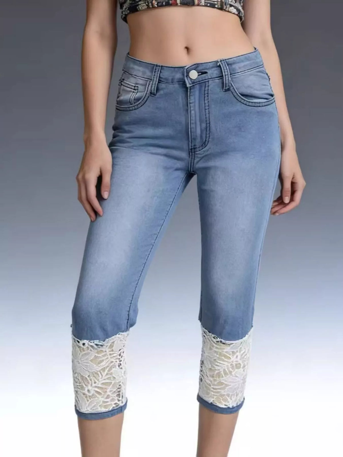 Lace Trimmed Capri Jeans, view 7