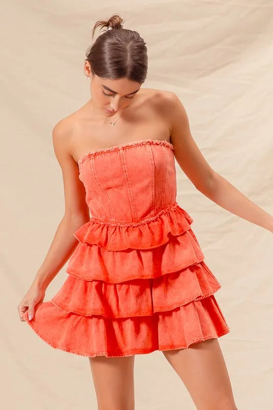 Strapless Ruffle Layered Dress in Orange