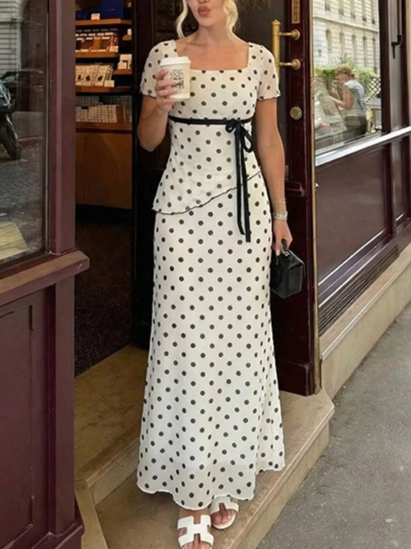 Polka dot square neck top and skirt set front view