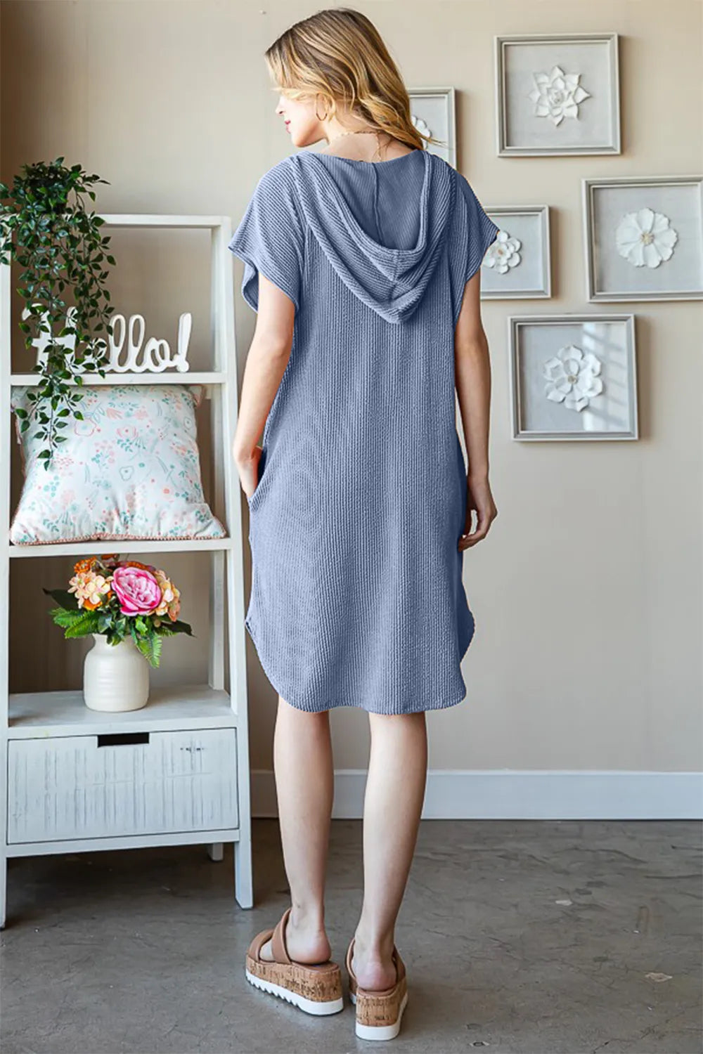 Ribbed Short Sleeve Hooded Dress side view