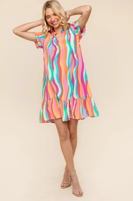 Tiered Woven Ruffle Hem Dress in Multi Color close up