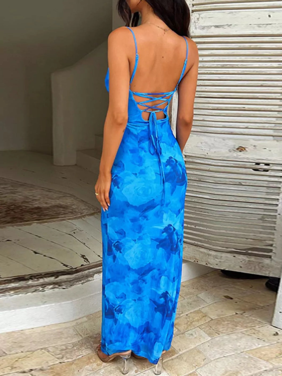 blue floral spaghetti strap maxi cami dress side view