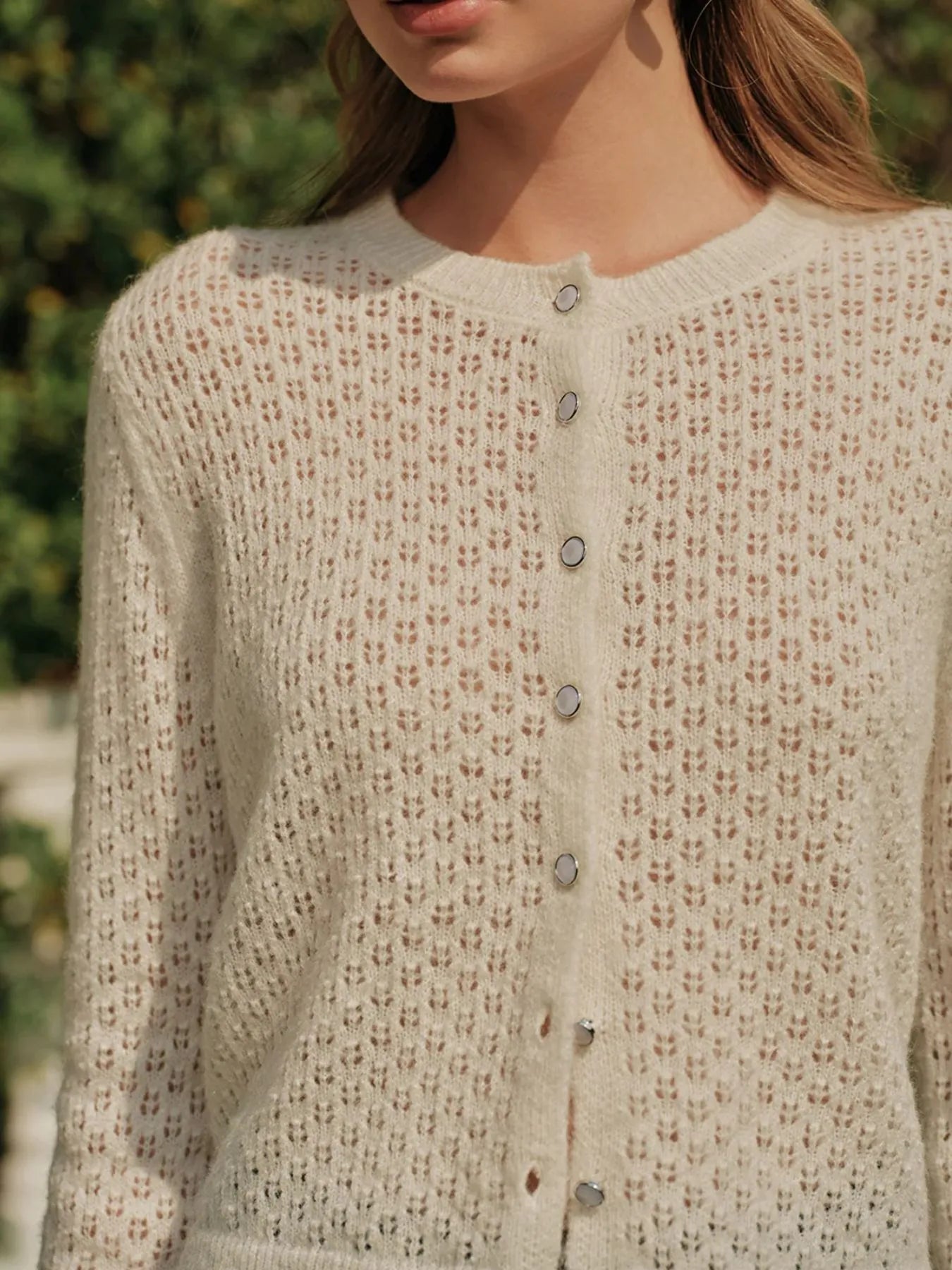 Openwork Button Up Long Sleeve Cardigan - Fashorio