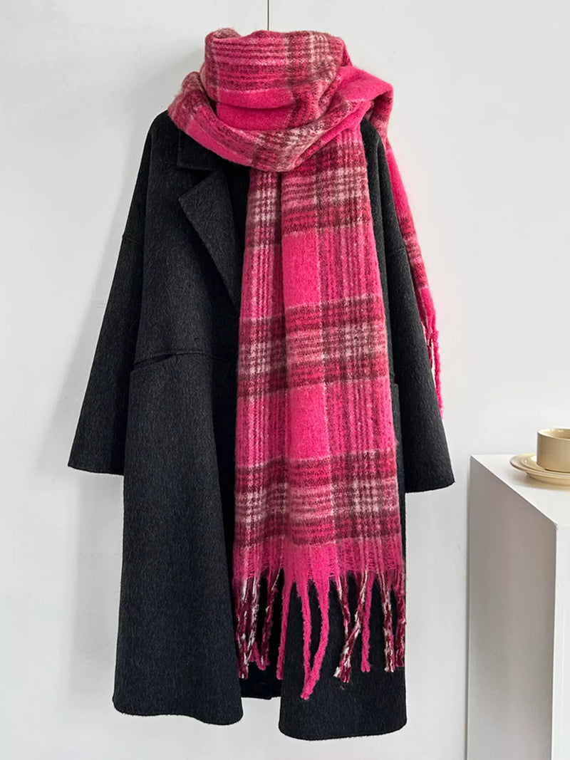 Fuzzy plaid fringe scarf shown at full length