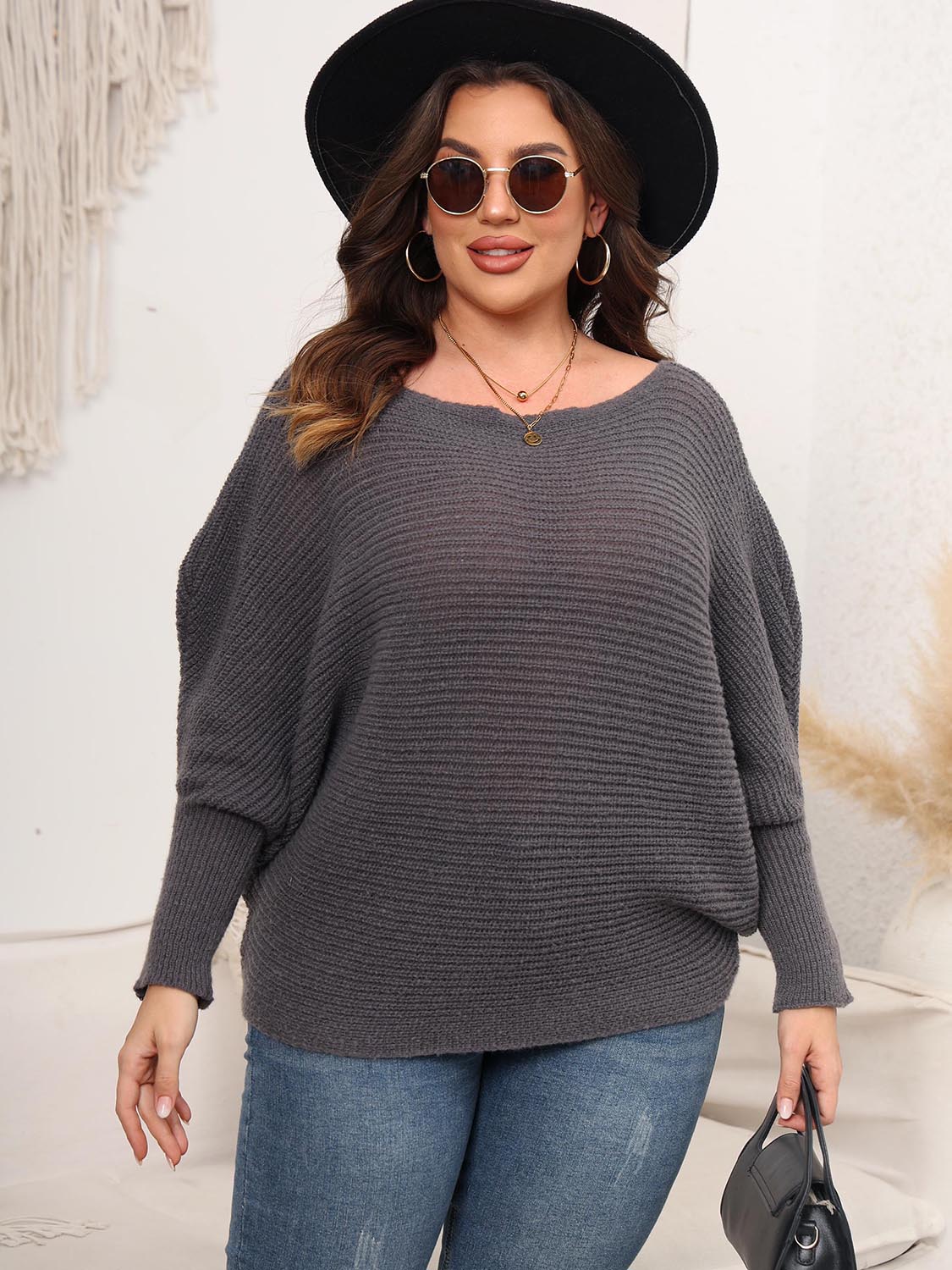 Full Size Boat Neck Batwing Sleeve Sweater Charcoal - Fashorio