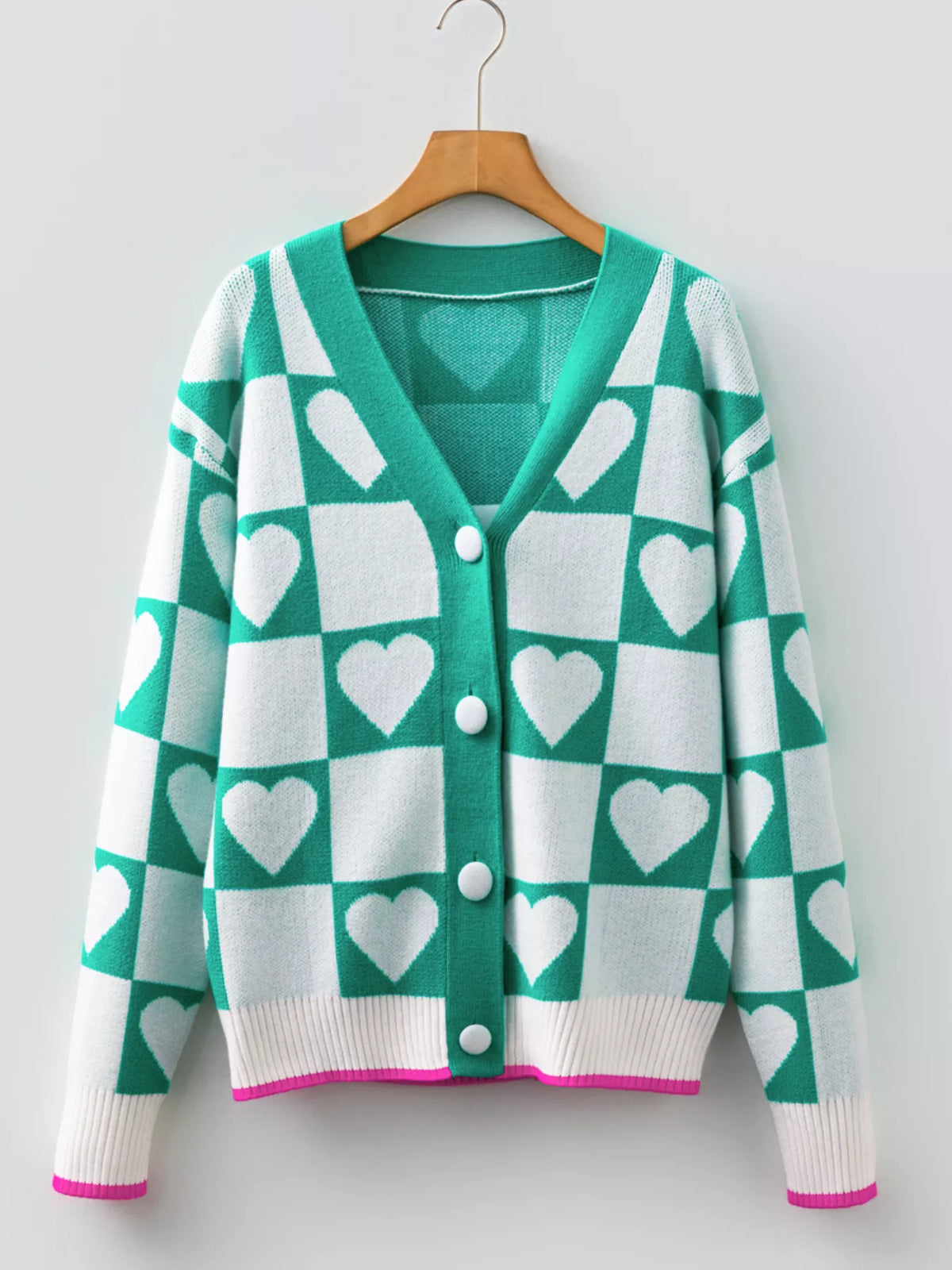 Plaid Heart Knit Button Down Cardigan in Turquoise styled look