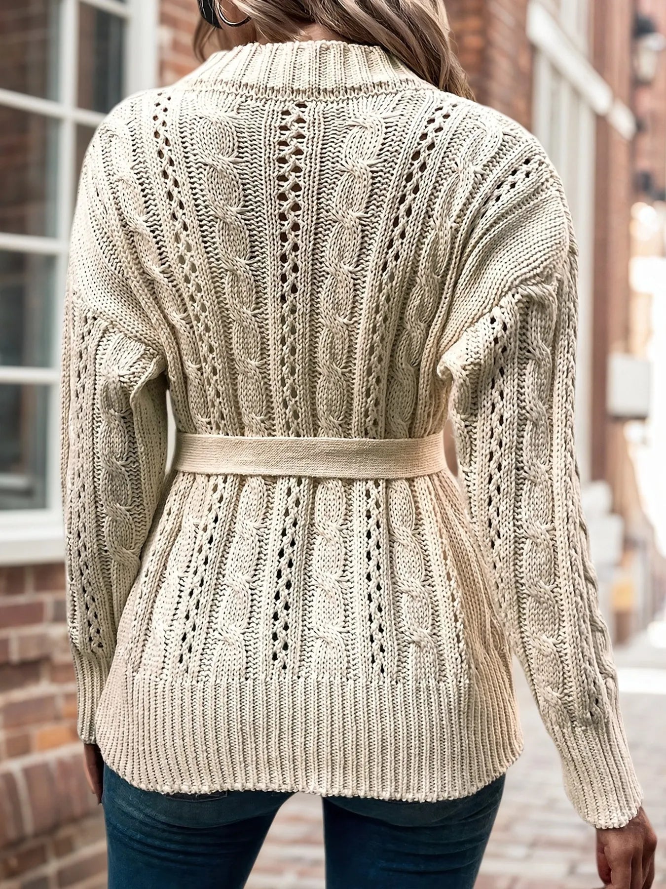 Cable Knit Belted Cardigan with Button Front - Fashorio