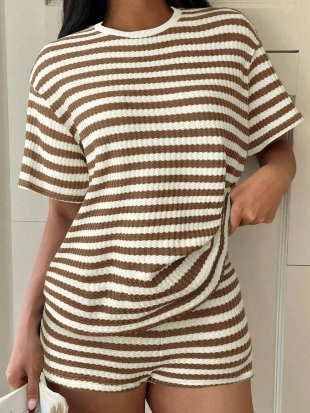 Striped round neck matching top and shorts set