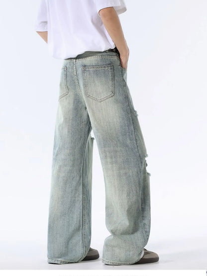 Men's Full Size Distressed Washed Wide Leg Jeans Plus Size - Fashorio