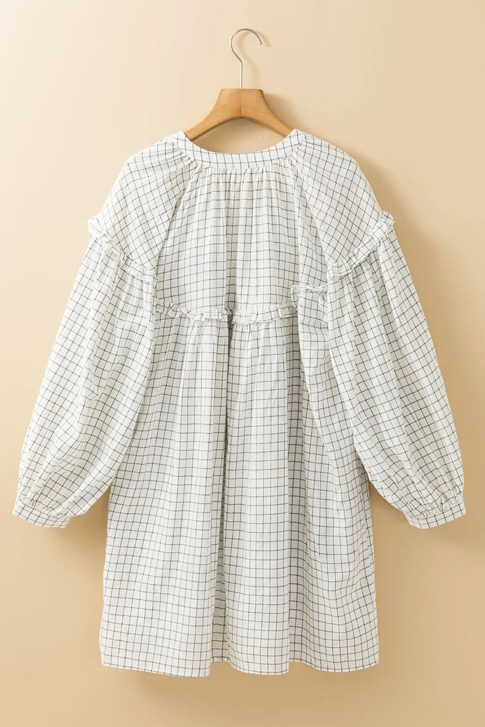 Frill Plaid Balloon Sleeve Mini Dress in White styled look