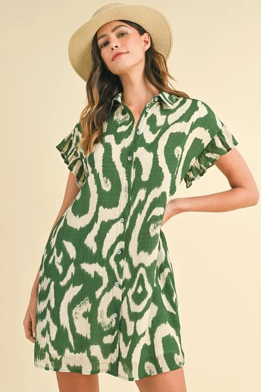 Abstract Printed Frill Sleeve Shirt Mini Dress